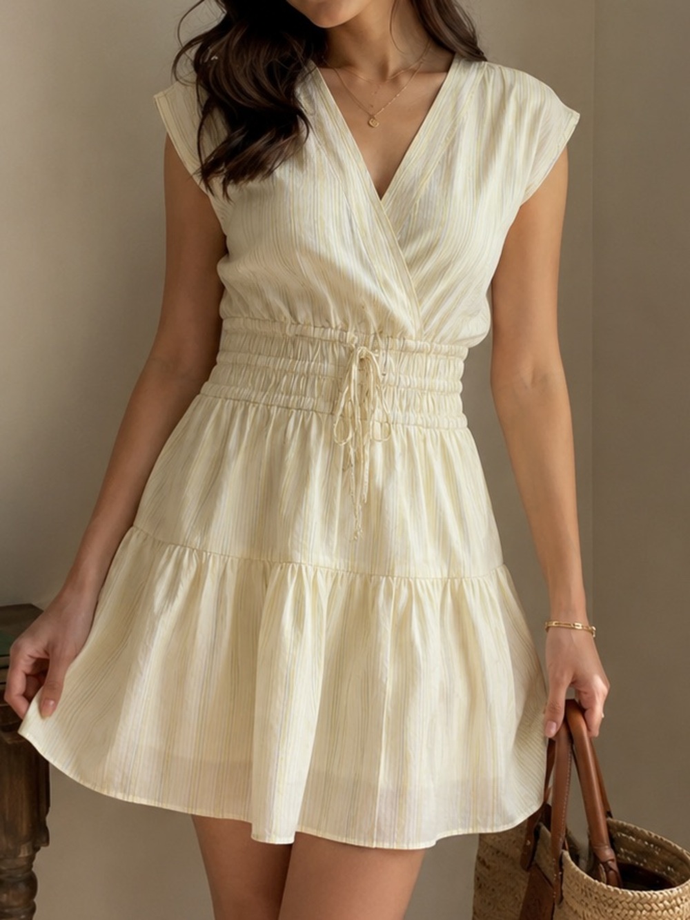Melloday Cream Striped Surplice Mini Dress Medium | Fully Lined Feminine Boho